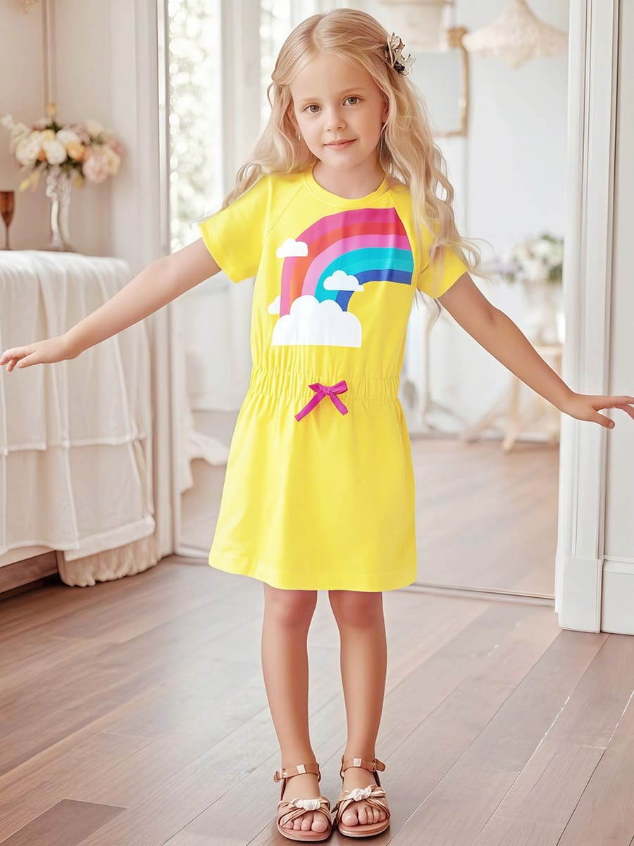 Little Maven Girls Yellow Rainbow Print Cotton Dress with Bow