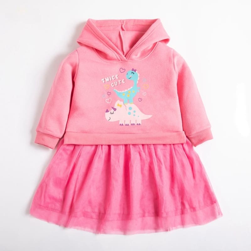 Kids Girls Cotton Hooded Tulle Dress with Cute Dinosaur Print