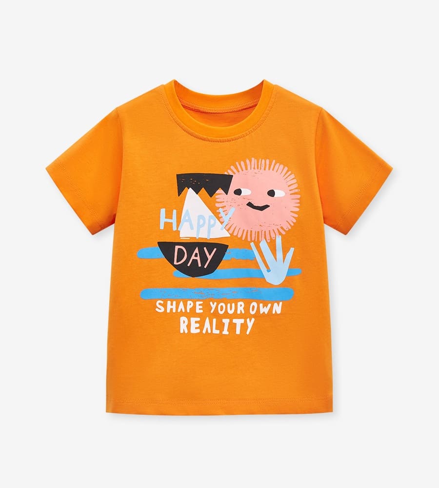 Little Maven Kids Smiley Face Lettering Printed Cotton Short Sleeve Tee