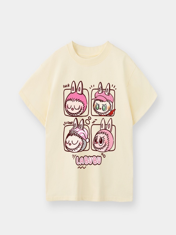 Labubu Grid Pattern Cotton Short Sleeve Tee Apricot For Girls