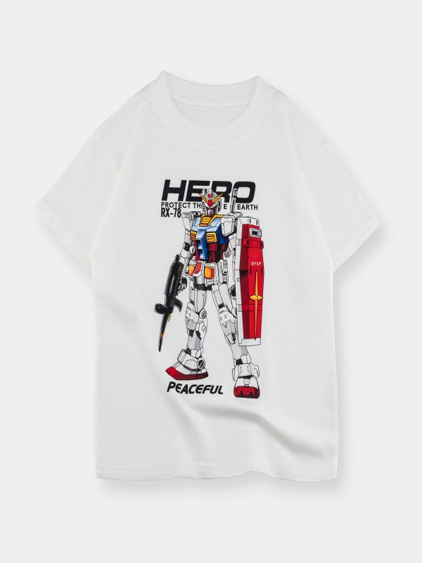 Little Maven Boys White Gundam Robot Pattern Cotton Short-Sleeved Tee