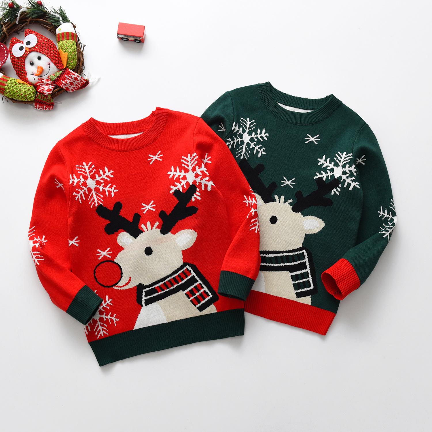 Little Maven Christmas Scarf Deer Pullover Sweater front view