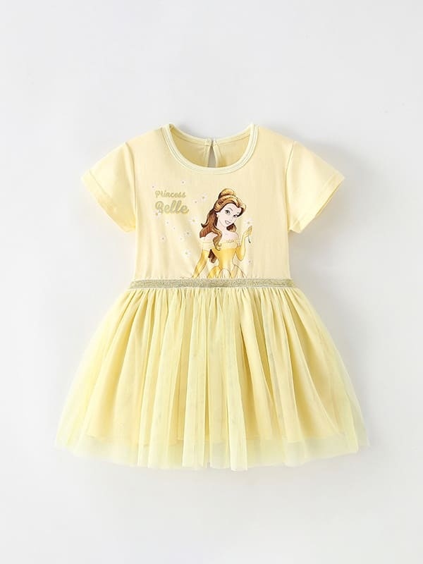 Little Maven Girls Character Print Cotton Mesh Short Sleeve Dress