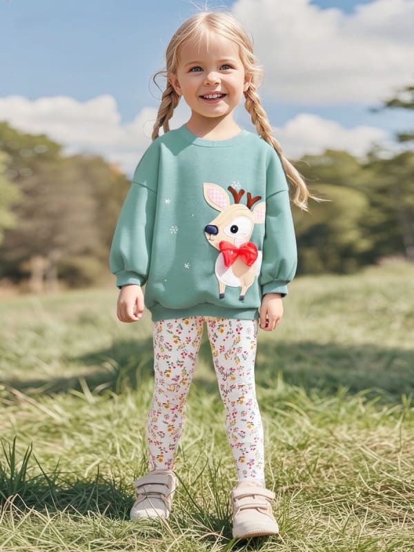  Little Maven Girls Cute Deer Applique Cotton Sweatshirt & Pants Set
