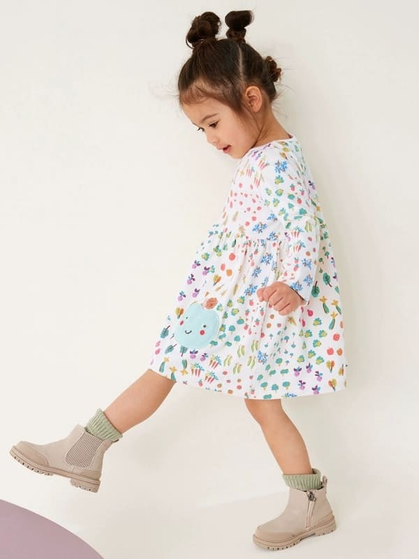 Kid Girls Cotton Long Sleeve Printed Dress with Animal Embroidery