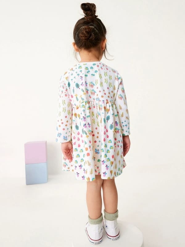 Kid Girls Cotton Long Sleeve Printed Dress with Animal Embroidery