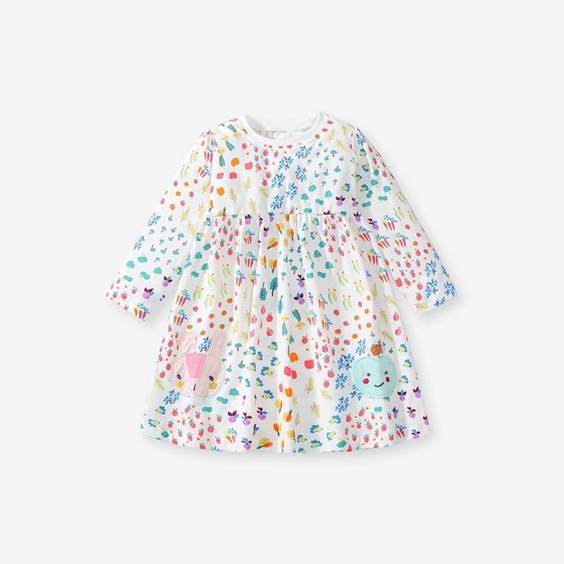 Kid Girls Cotton Long Sleeve Printed Dress with Animal Embroidery