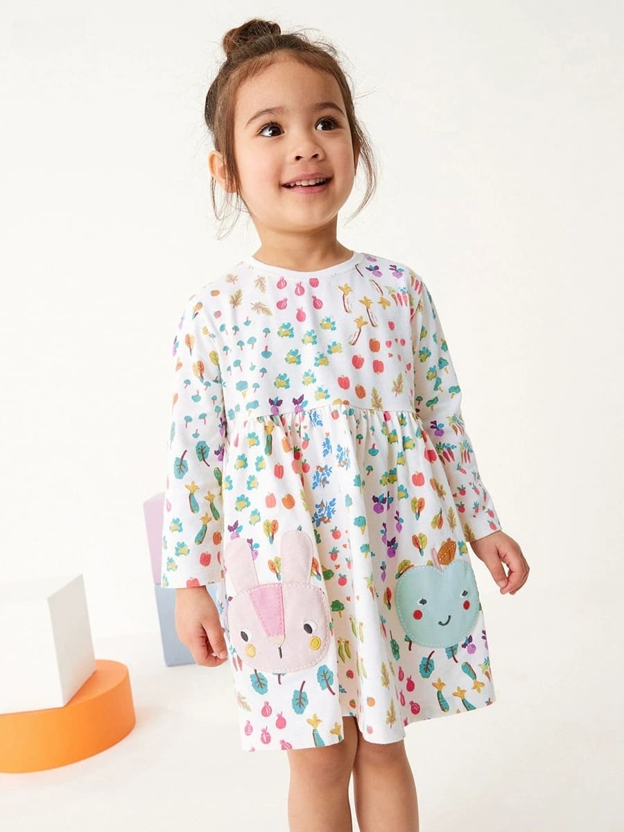 Kid Girls Cotton Long Sleeve Printed Dress with Animal Embroidery