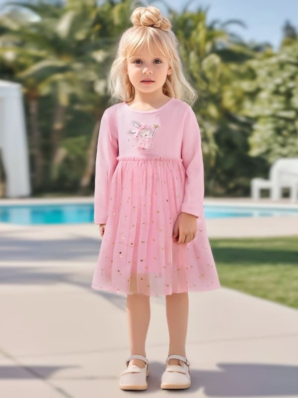 Little Maven Whimsical Bunny Embroidered Cotton Dress for Girls