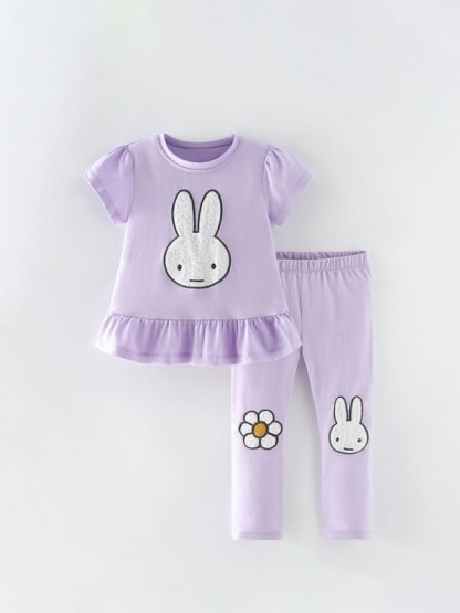 Little Maven Kid Girls Rabbit Pattern Ruffled Pleated Cotton Tee Set
