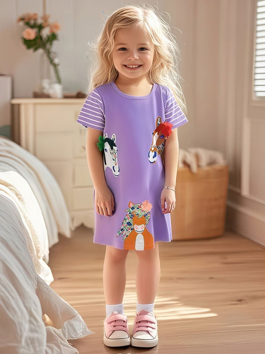 Little Maven Whimsical Horse Embroidered Cotton Dress For Kid Girls