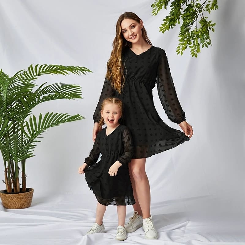 Mommy and Me Chiffon Long Sleeve V-Neck Tunic Dress