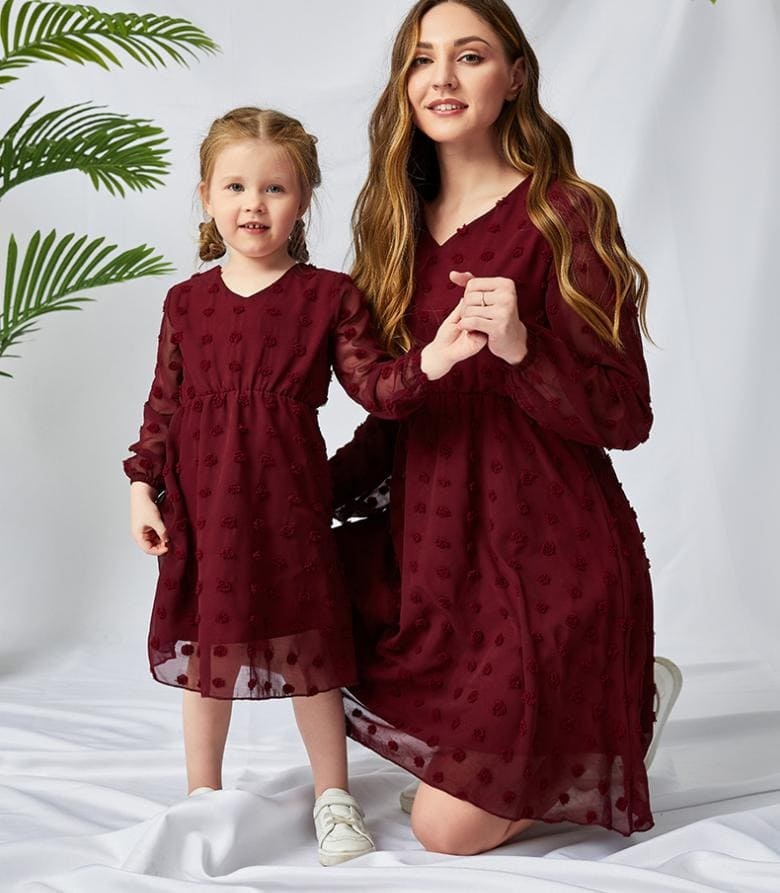 Mommy and Me Chiffon Long Sleeve V-Neck Tunic Dress
