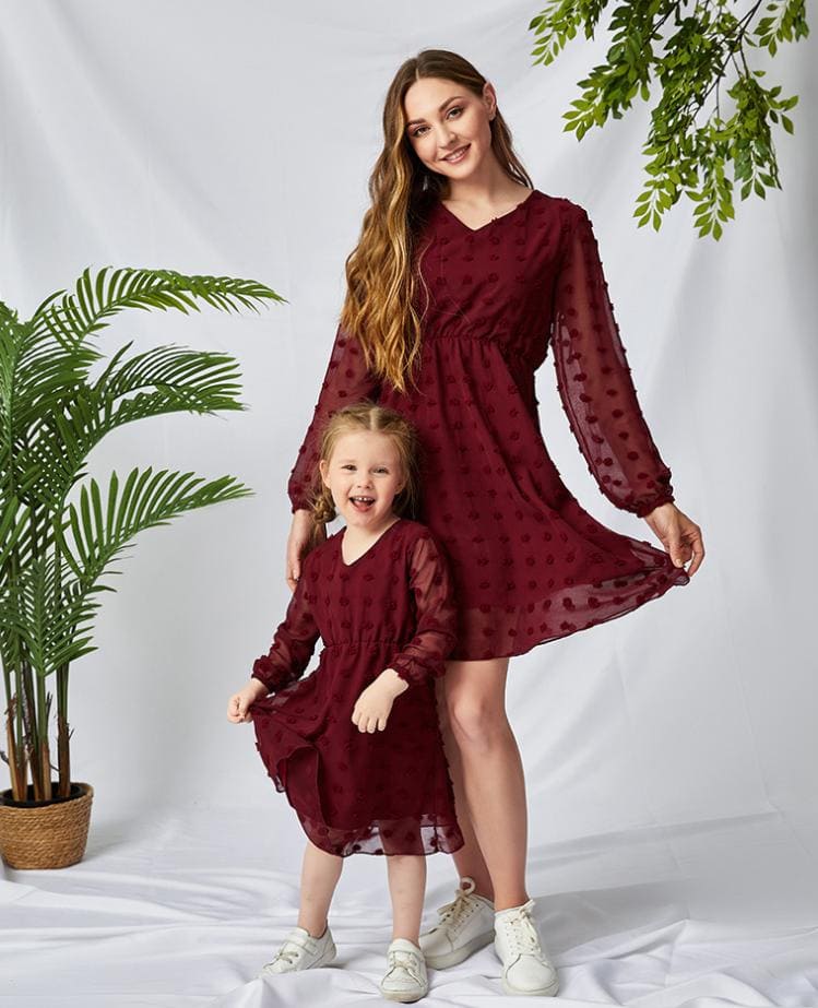 Mommy and Me Chiffon Long Sleeve V-Neck Tunic Dress