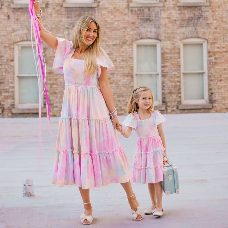 Mommy and Me Flowy Tie-Dye Swing Puff Sleeve Dress