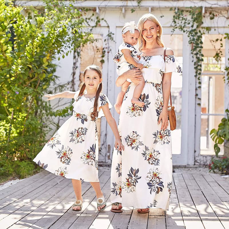 Mommy and Me Outfit Off-shoulder printed chiffon mother-daughter dress