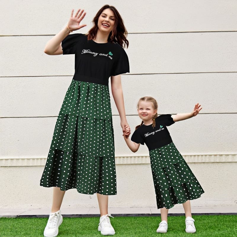 Mommy and Me Outfits 2pcs Letter Print Tee and Polka Dot Dress Set