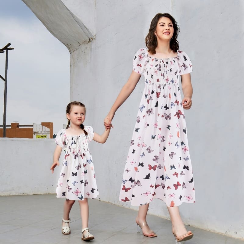 Mommy and Me Outfits Butterfly Print Puff Sleeve Mother-Daughter Dress