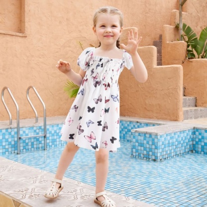 Mommy and Me Outfits Butterfly Print Puff Sleeve Mother-Daughter Dress