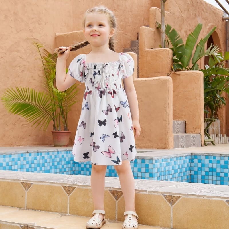 Mommy and Me Outfits Butterfly Print Puff Sleeve Mother-Daughter Dress
