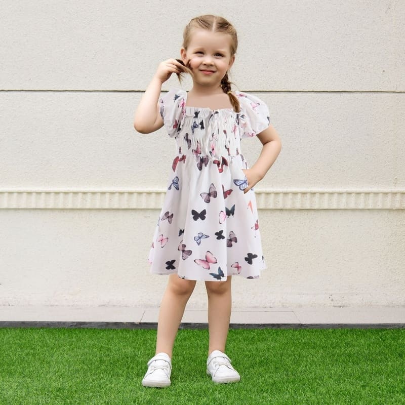 Mommy and Me Outfits Butterfly Print Puff Sleeve Mother-Daughter Dress