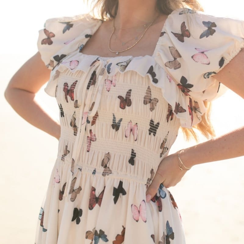 Mommy and Me Outfits Butterfly Print Puff Sleeve Mother-Daughter Dress