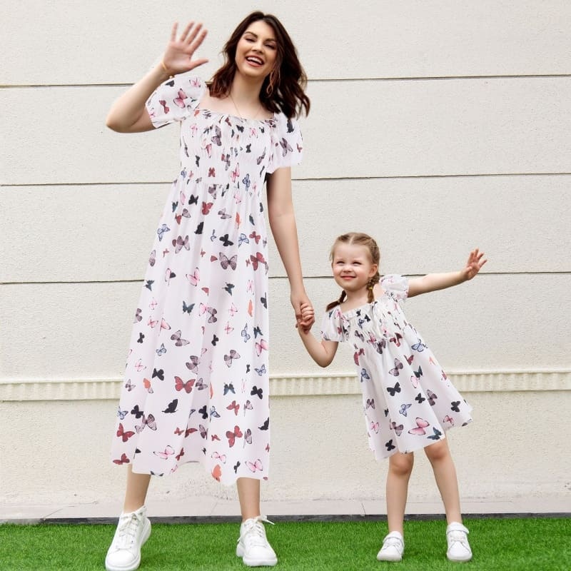 Mommy and Me Outfits Butterfly Print Puff Sleeve Mother-Daughter Dress