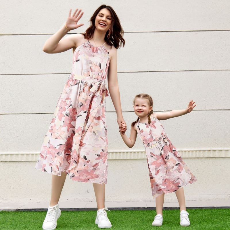 Mommy and Me Outfits Halter Neck Floral Print Mother-Daughter Dress