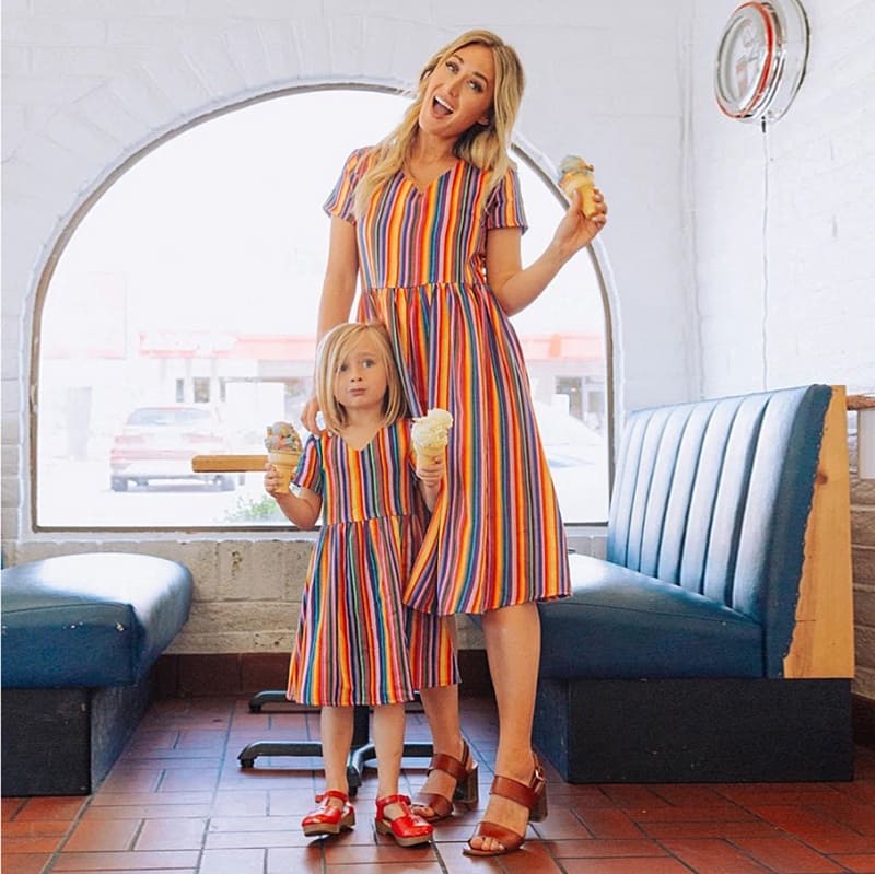 Mommy and Me Outfits Rainbow Stripe Print V-Neck Parent-Child Dress
