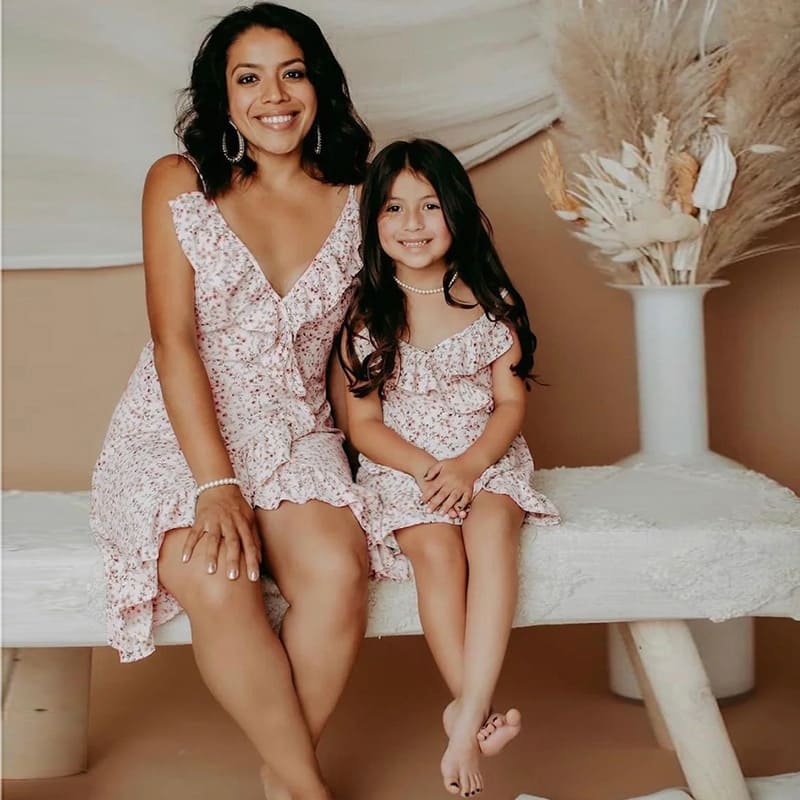 Mommy and Me Outfits V-neck Sexy Waist Floral Parent-child Dress