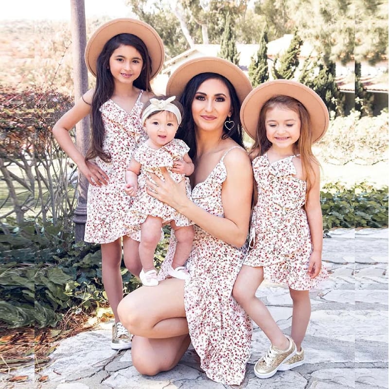 Mommy and Me Outfits V-neck Sexy Waist Floral Parent-child Dress