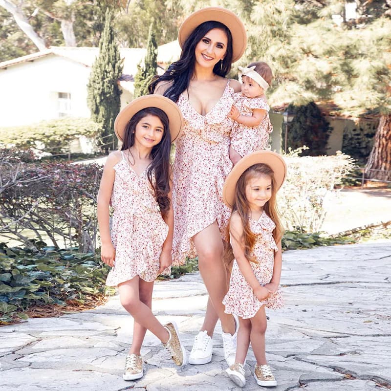 Mommy and Me Outfits V-neck Sexy Waist Floral Parent-child Dress