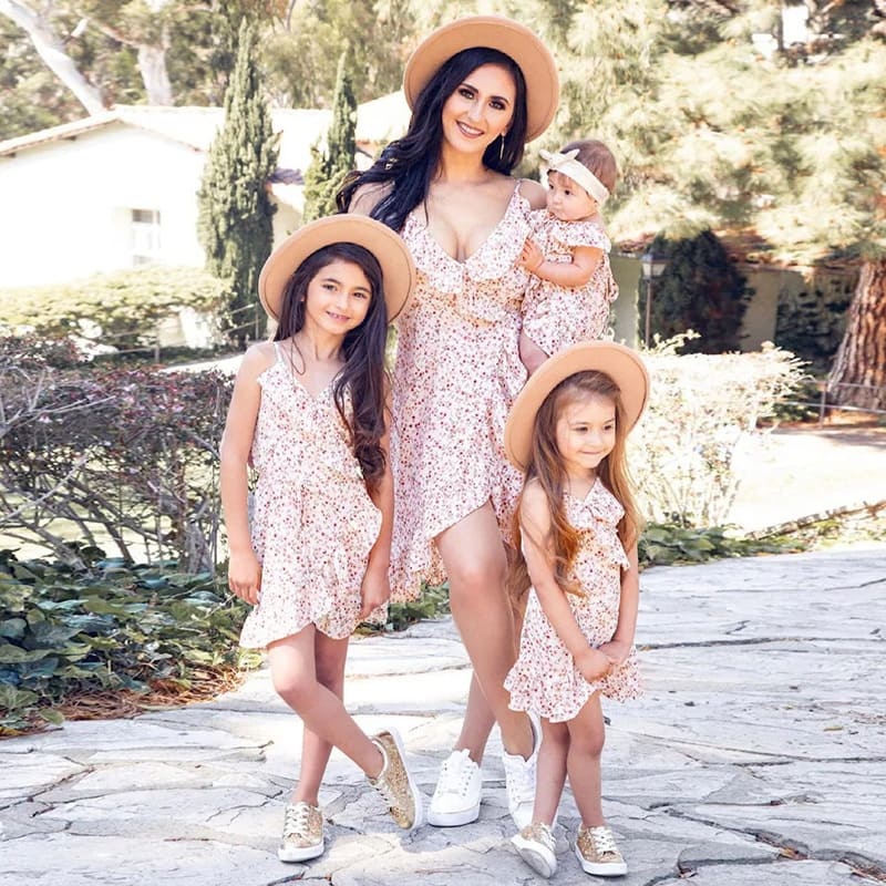 Mommy and Me Outfits V-neck Sexy Waist Floral Parent-child Dress