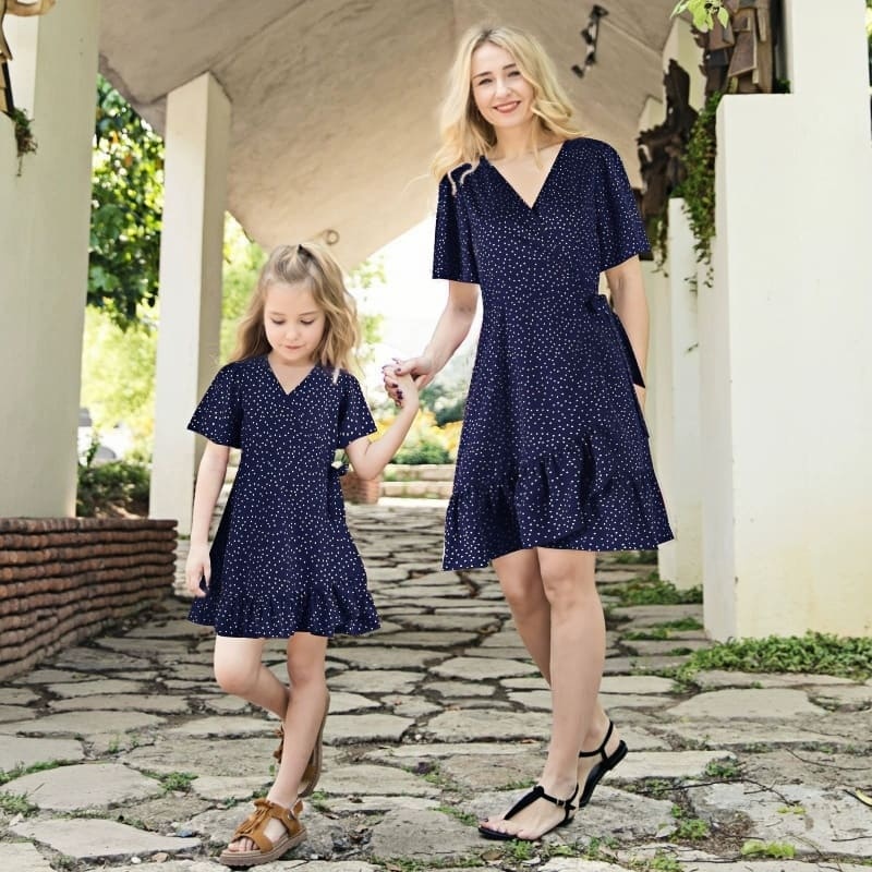 Mommy and Me Polka Dot Ruffle Hem Loose Dress