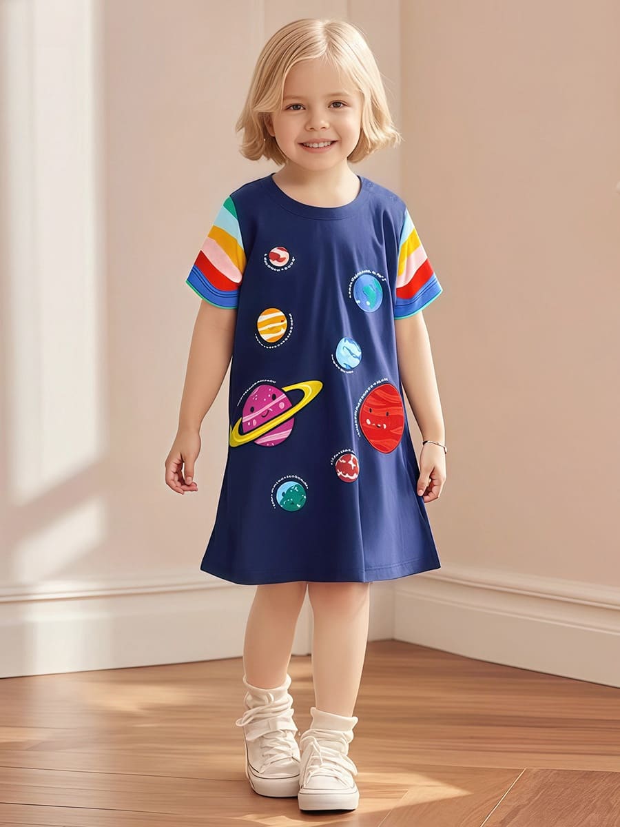 Navy Organic Cotton Kid Girls Dress with Planet Applique