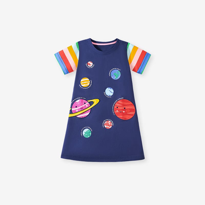 Navy Organic Cotton Kid Girls Dress with Planet Applique