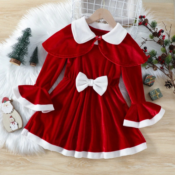 Toddler Girl Christmas 2pcs Lapel Small Waistcoat Trumpet Sleeve Dress
