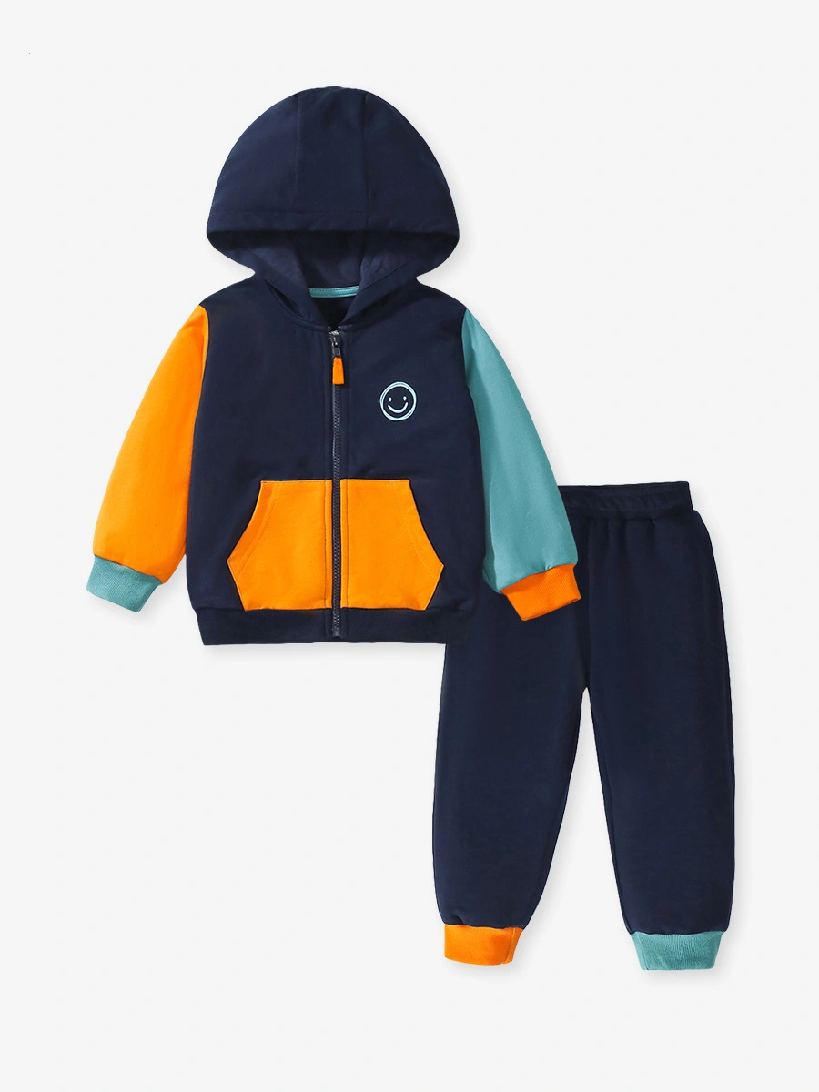 Little Maven Toddler/Kid Boy 2pcs Colorblock Smiley Face Hooded Jacket and Pants Set