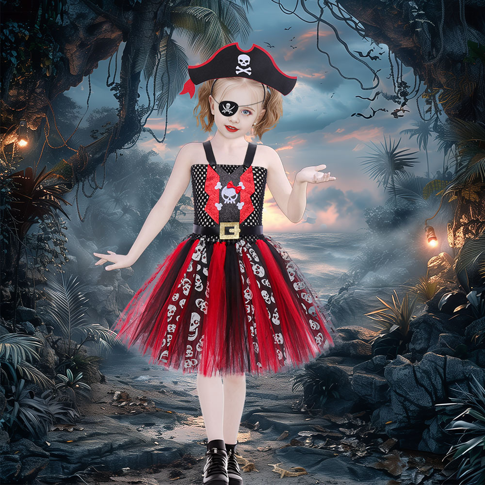 Toddler/Kid Girl Halloween Caribbean Pirate Net Sloves Princess Dress