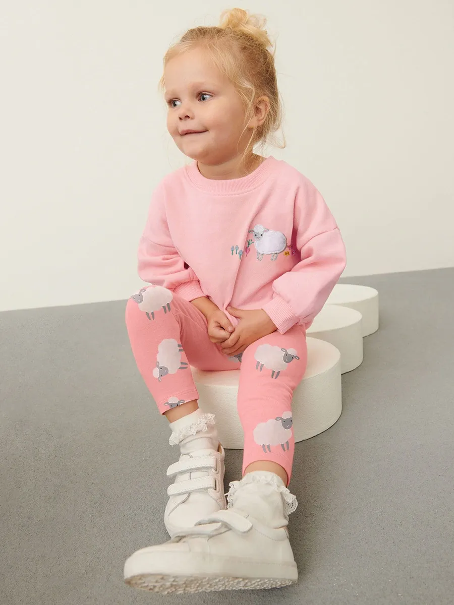 Toddler/Kid Girl 2pcs Lamb Embroidered Tee And Lamb Print Trousers Set