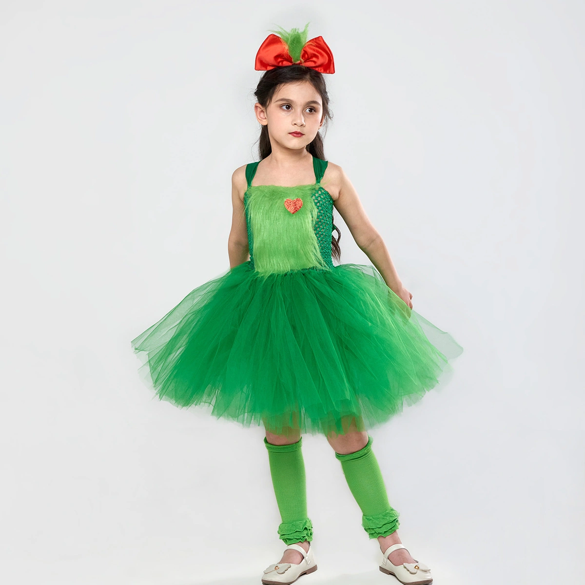 3pcs Toddler/Kid Girls Christmas Green Furry Grinch cosplay dress