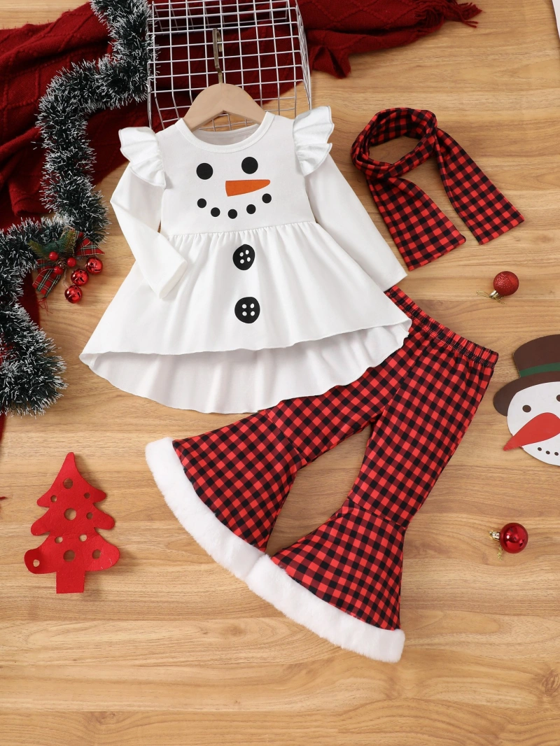 Little Maven Baby Girl Long-Sleeved Snowman Print Top and Plaid Flared Pants Set