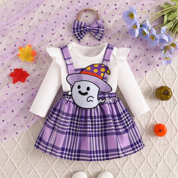 Baby Girl Halloween 3pcs Romper Embroidered Ghost Suspender Dress And Headband