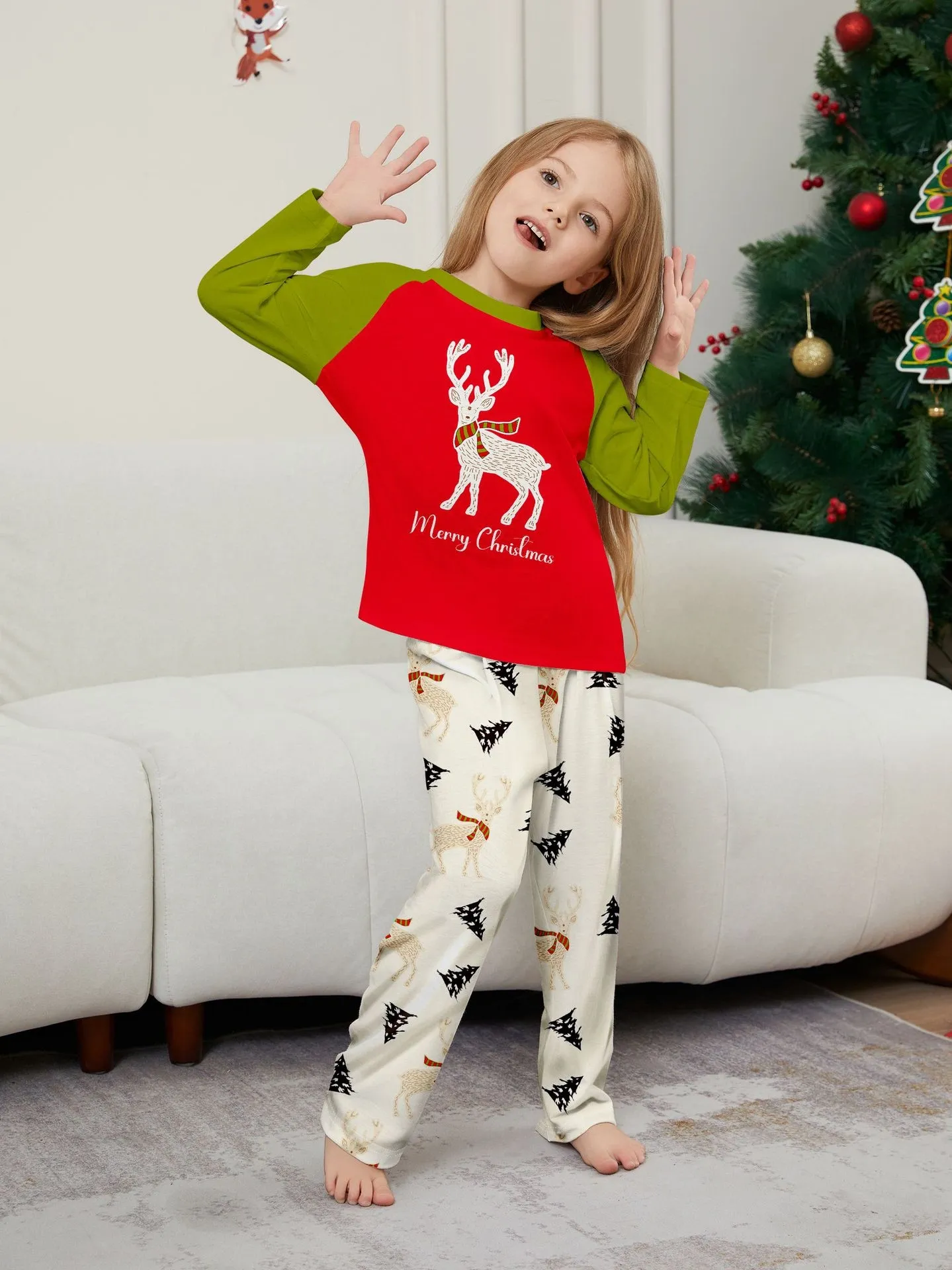 Christmas Family Pajamas White Deer Patchwork Trendy Print Pajamas Set