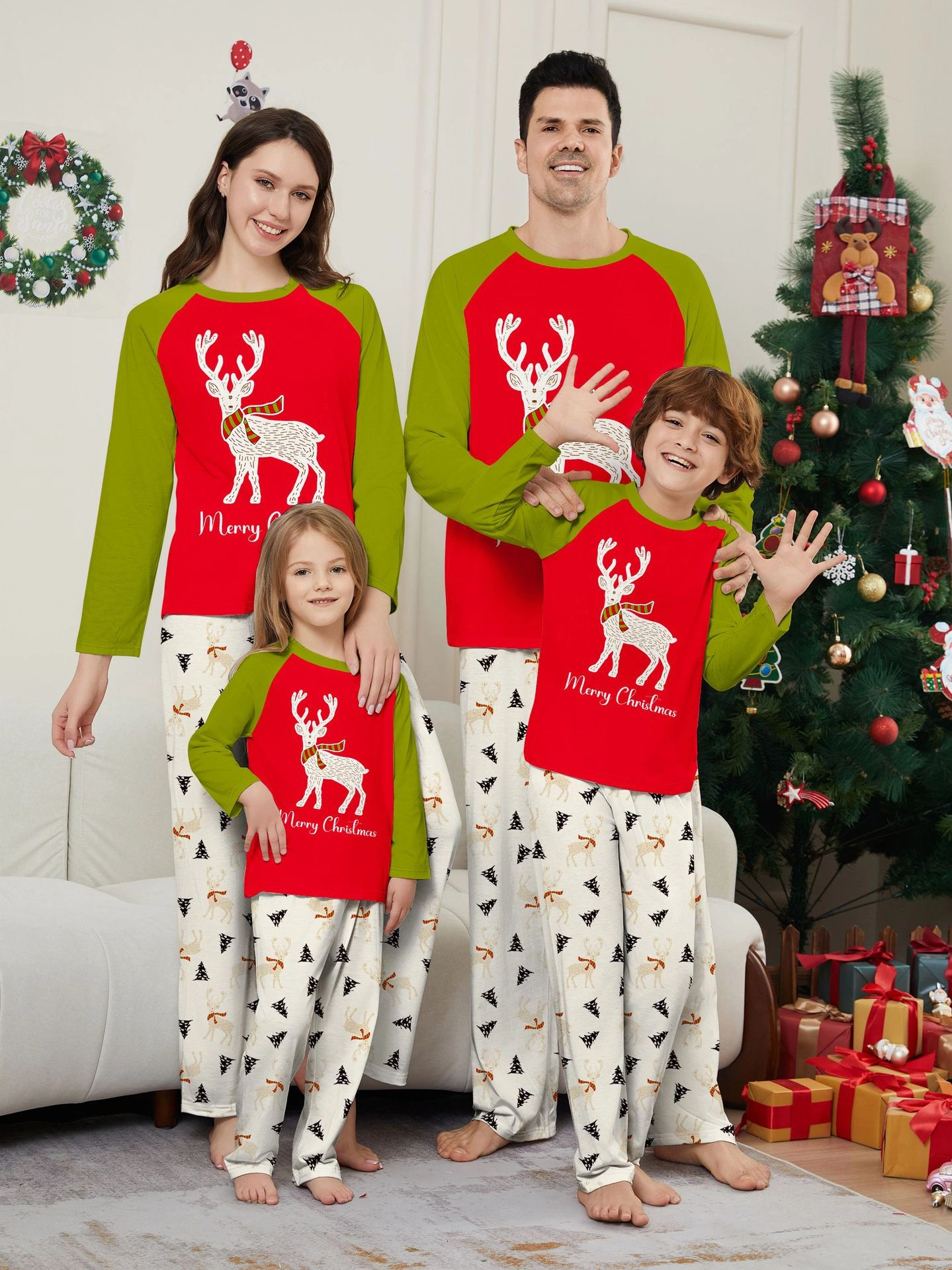 Little Maven Christmas Family Pajamas White Deer Patchwork Trendy Print Pajamas Set