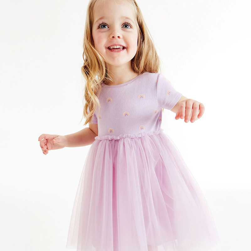 Little Maven Kid Girls Rainbow Print Cotton Mesh Dress