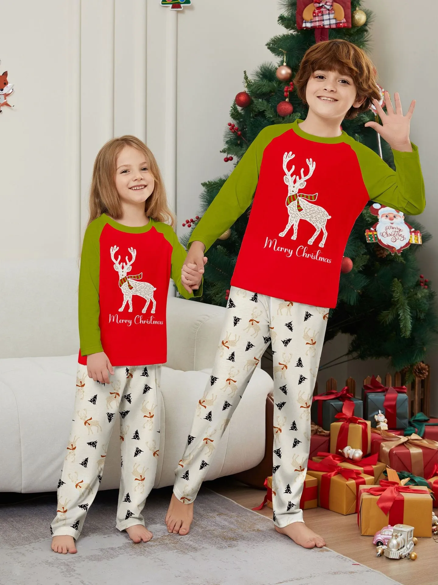 Christmas Family Pajamas White Deer Patchwork Trendy Print Pajamas Set