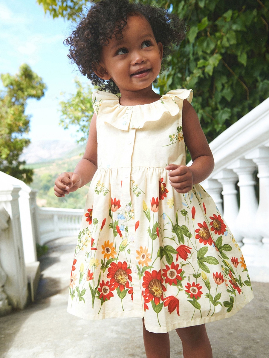 LittleMaven Gathered Lotus Collar Cotton Short Sleeve Girls Dress