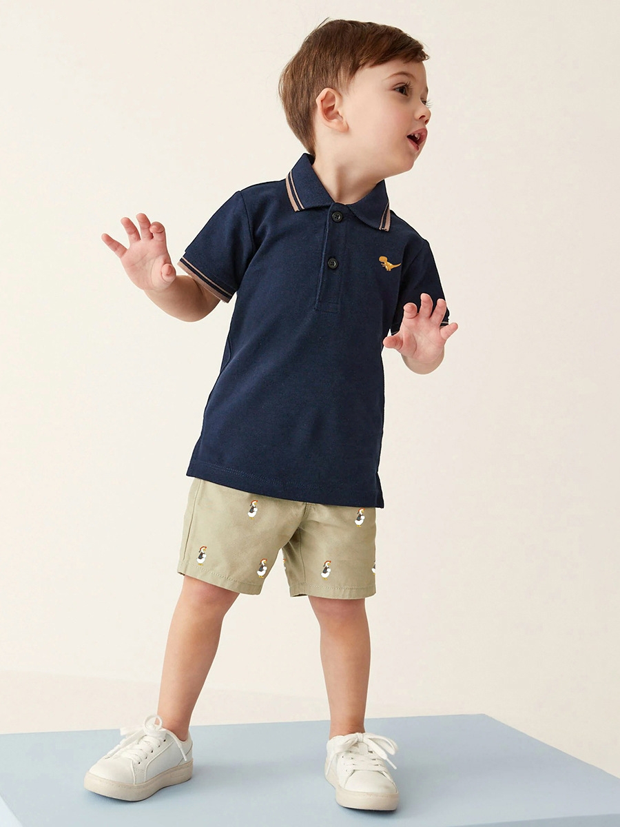 Little Maven Boys 2pcs Dinosaur Print Cotton Polo Shirt and Cute Duck Shorts Set