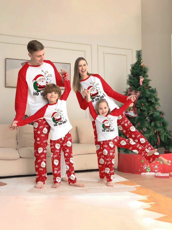 Christmas Family Pjs Santa Print Crew Neck Raglan Sleeve Pajamas Set